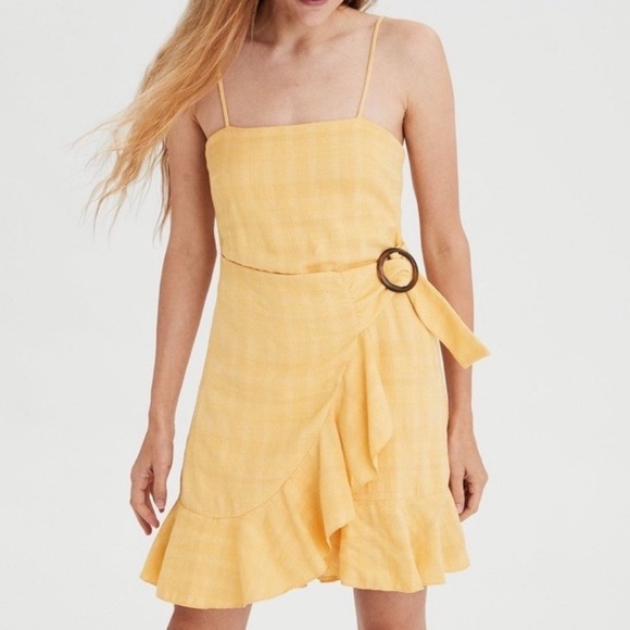 American Eagle Outfitters Dresses & Skirts - American Eagle Outfitters Yellow Plaid Ruffle Hem Belted Mini Dress M